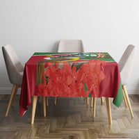 Suriname tablecloth with centered flag design, red floral field and green side panels