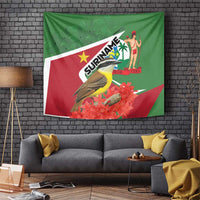 Wall hanging Suriname tapestry with bird, red flowers and standing figure on green/red field