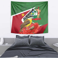 Suriname tapestry wall hanging with bird, red blossoms and standing figure over green/red