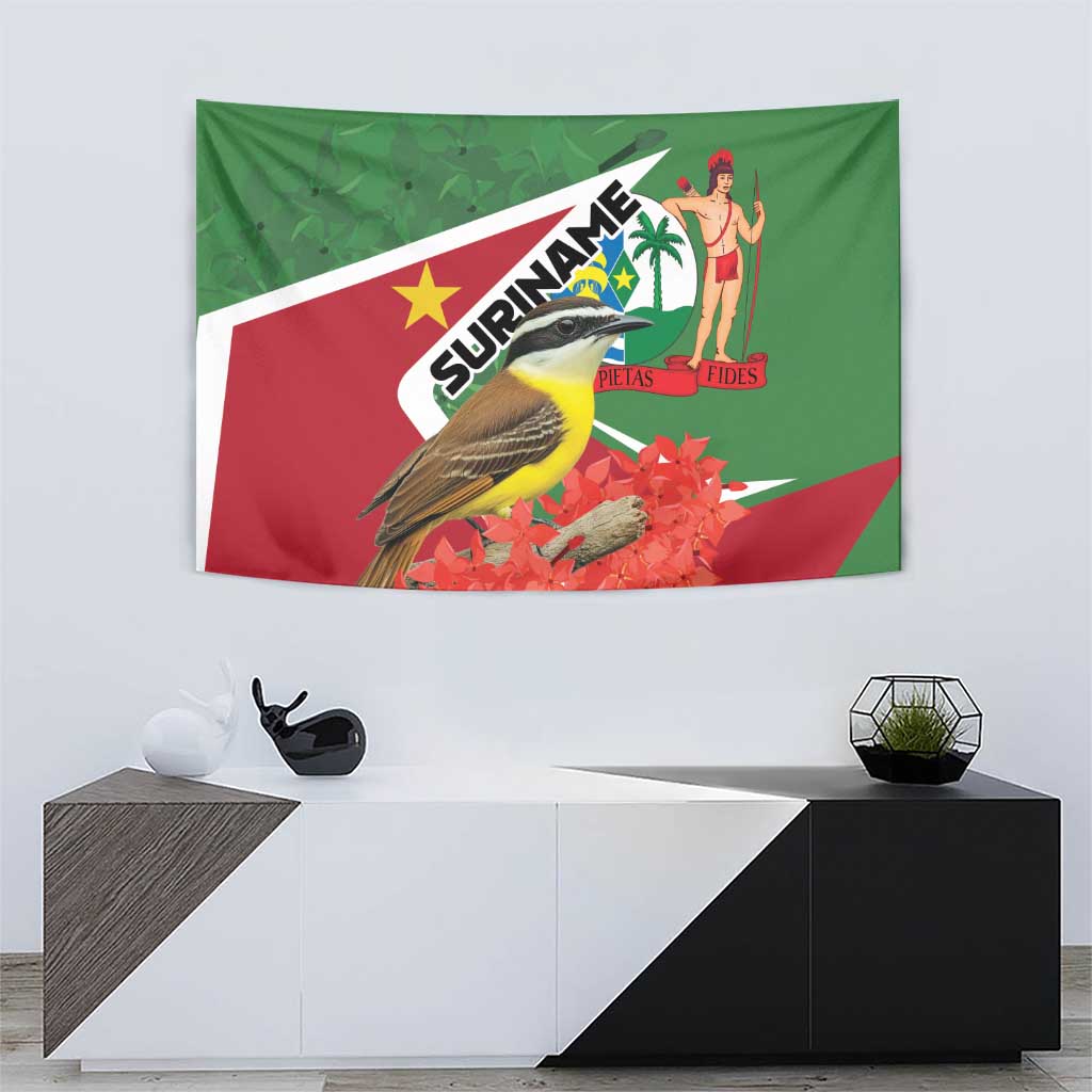 Flag-style Suriname tapestry with bird, red flowers, palm figure and green/red design