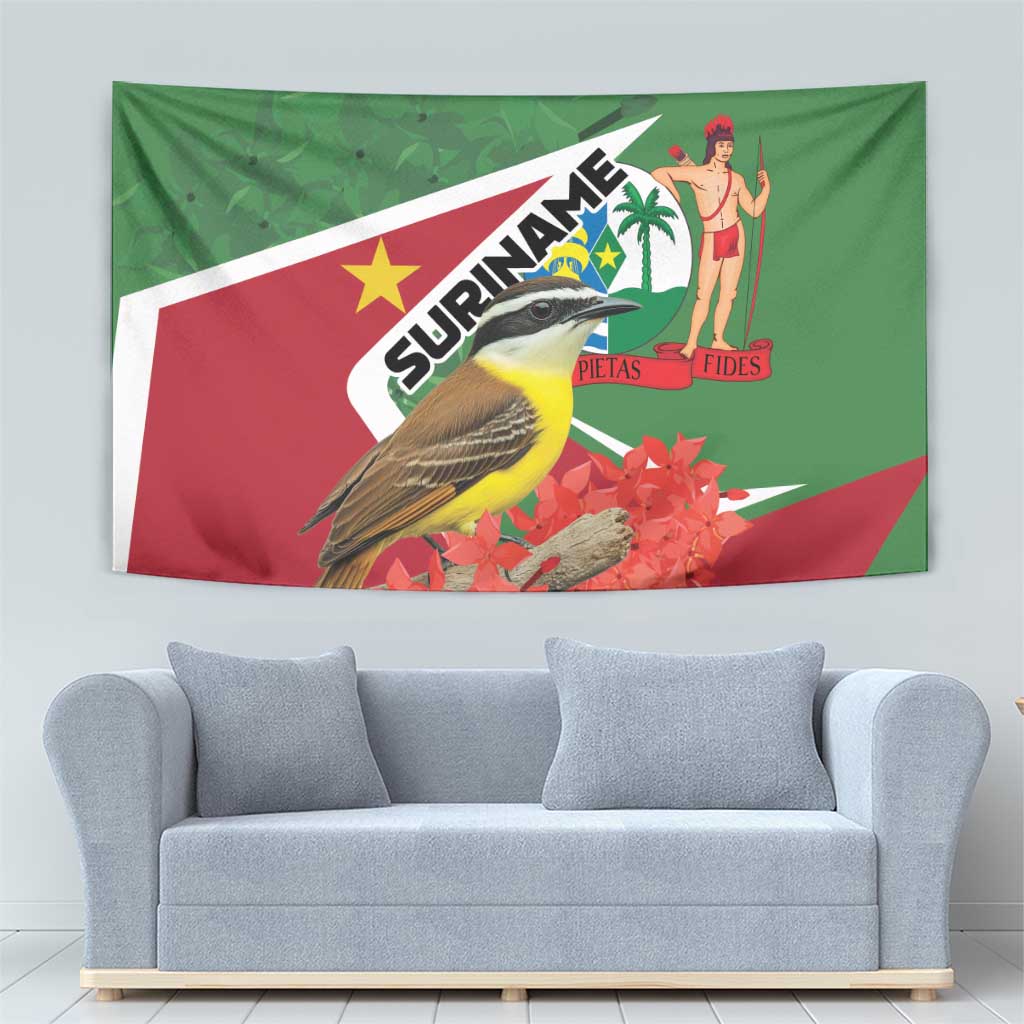 Suriname tapestry with bird, red blossoms and palm-figure on green/red flag design