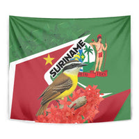 Close-up Suriname tapestry with bird, red flowers and green/red flag design