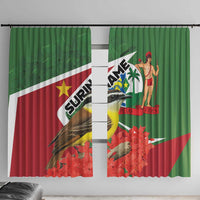Green and red window curtains with bird, crest figure, and decorative red flower shapes