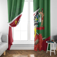 Green window curtain panel with partial fold, bird and palm-figure graphic on red