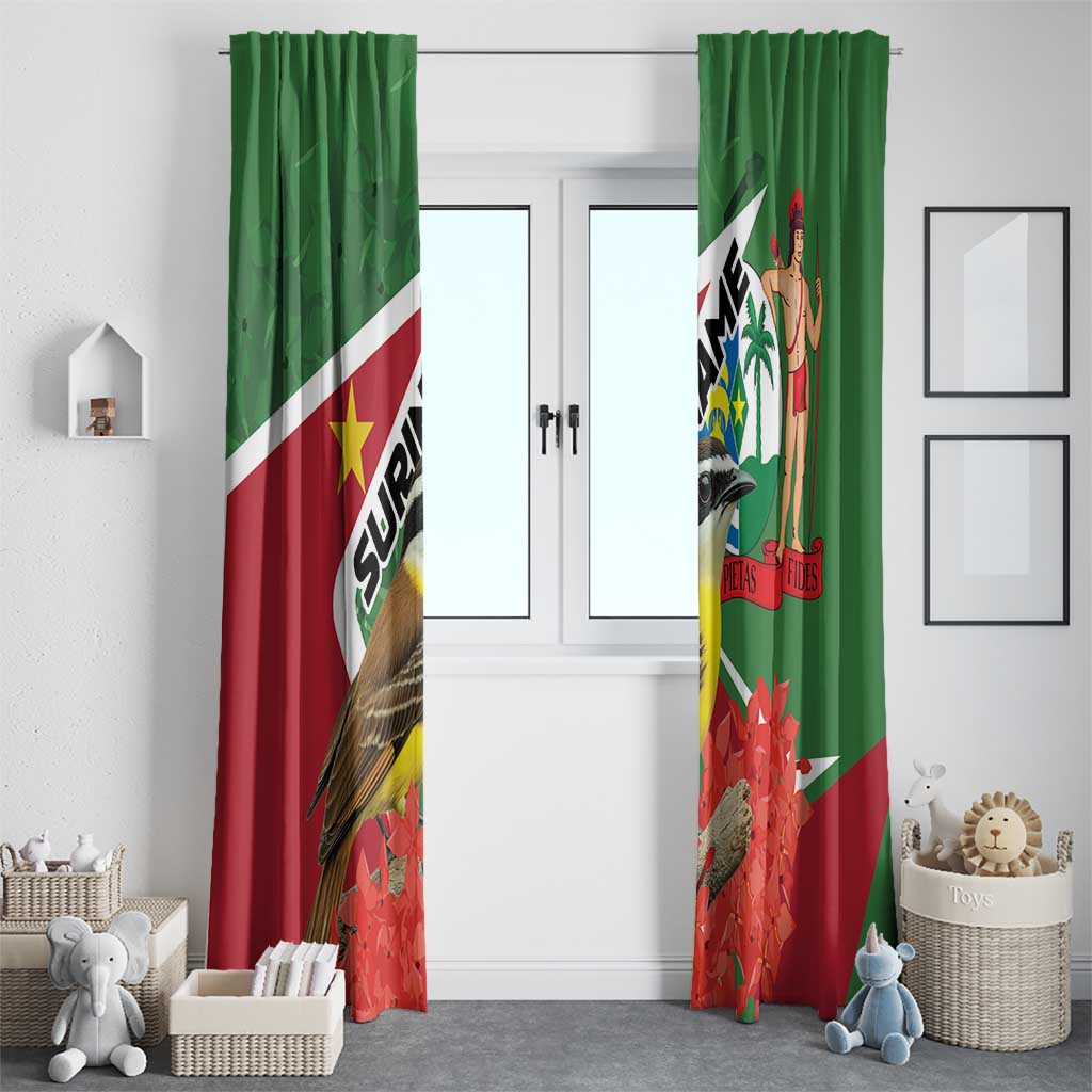 Pair of green window curtains with bird and flag graphic on red lower section