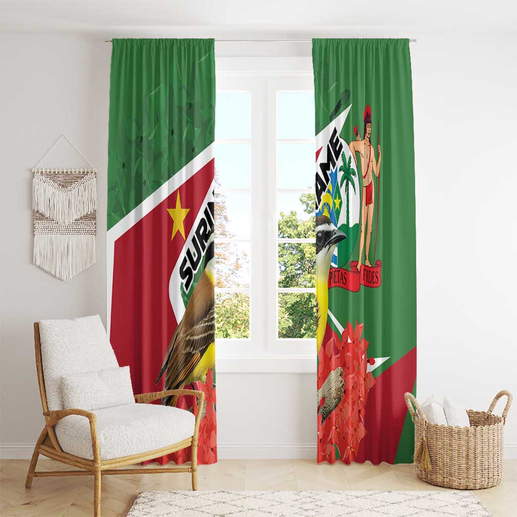 Green window curtain set with bird and flag design, hanging from top rod pocket