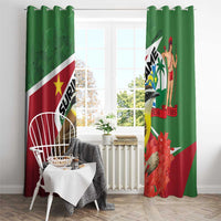 Green window curtain set with bird artwork, palm figure, and red floral accents