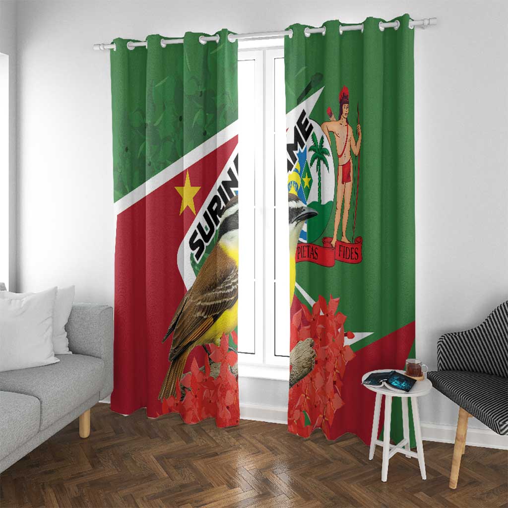 Green window curtains with grommets, featuring bird, palm figure, and red flower pattern