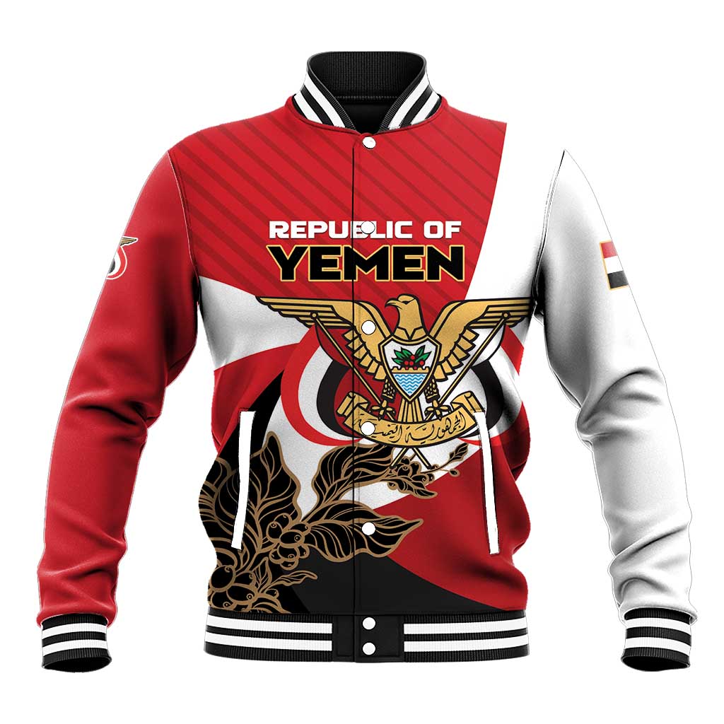 Red unisex baseball jacket with black-and-white ribbed collar, striped sleeves, front emblem