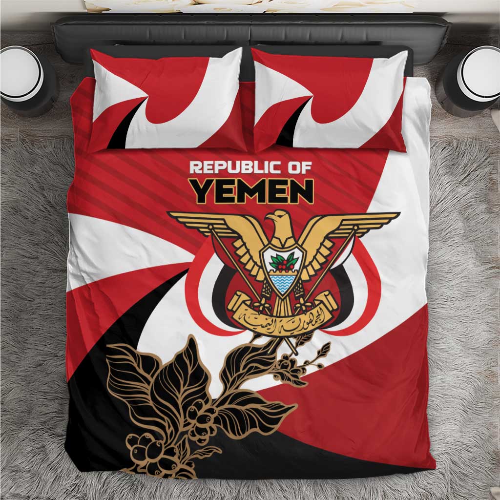 Yemen duvet cover with coat of arms and “Republic of Yemen” text, plus two matching pillows