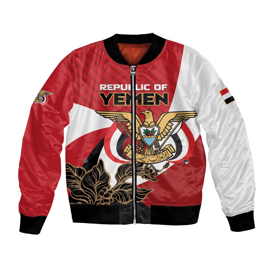 Red and white bomber jacket with Yemen emblem and Republic of Yemen text on front