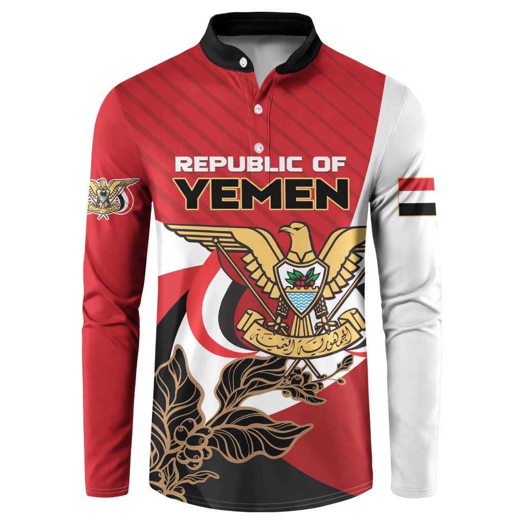 Red button sweatshirt with black collar, front coat-of-arms graphic and long sleeves