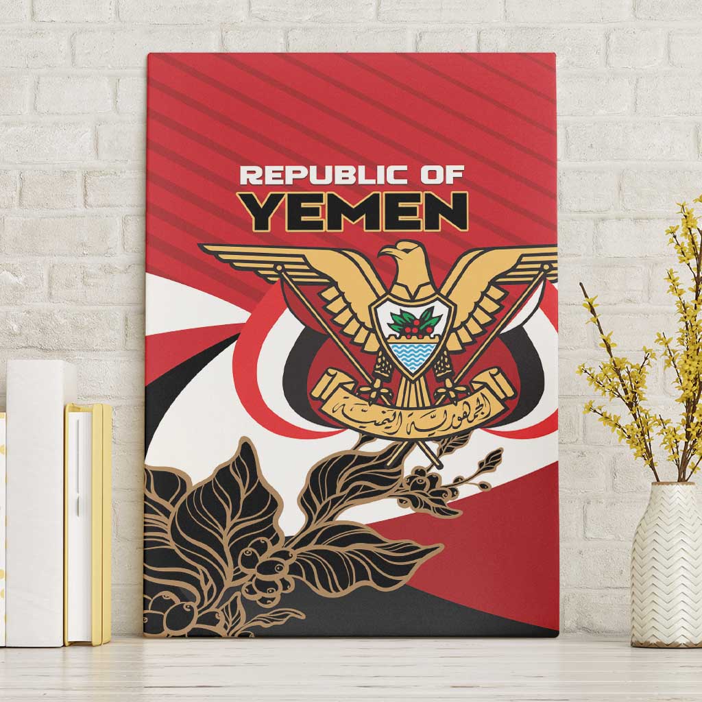 Canvas wall art with red Republic of Yemen text and gold coat of arms center
