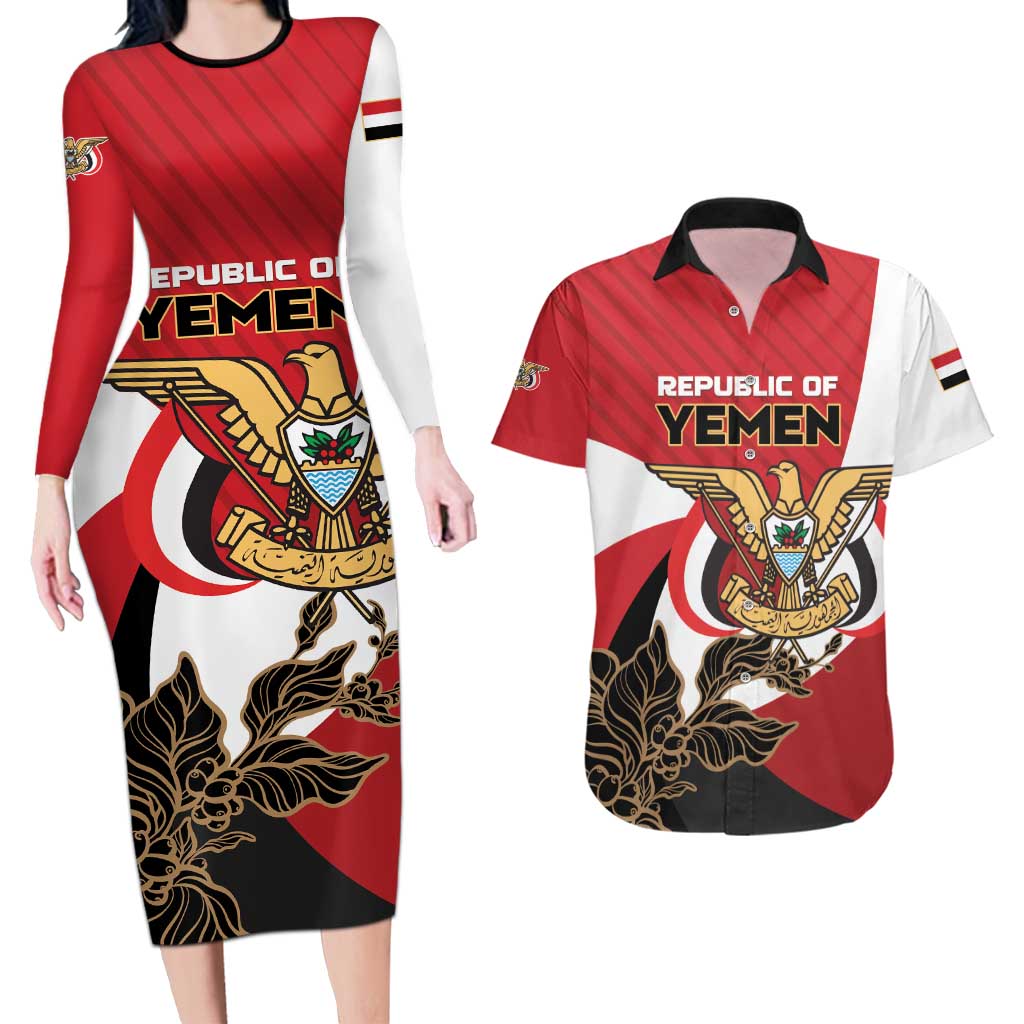 Personalized Republic of Yemen Couples Matching Long Sleeve Bodycon Dress and Hawaiian Shirt Yamaniyyatu Coat of Arms - Wonder Print Shop