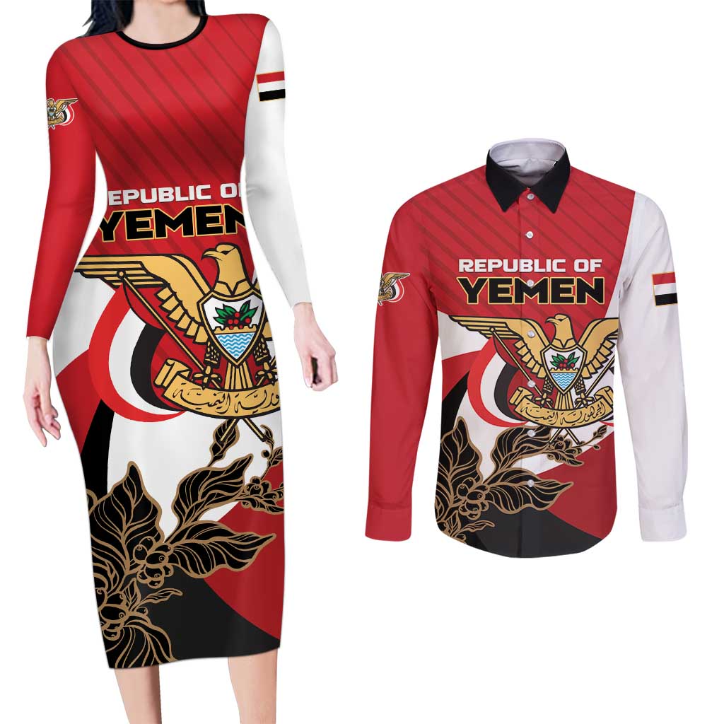 Personalized Republic of Yemen Couples Matching Long Sleeve Bodycon Dress and Long Sleeve Button Shirt Yamaniyyatu Coat of Arms - Wonder Print Shop