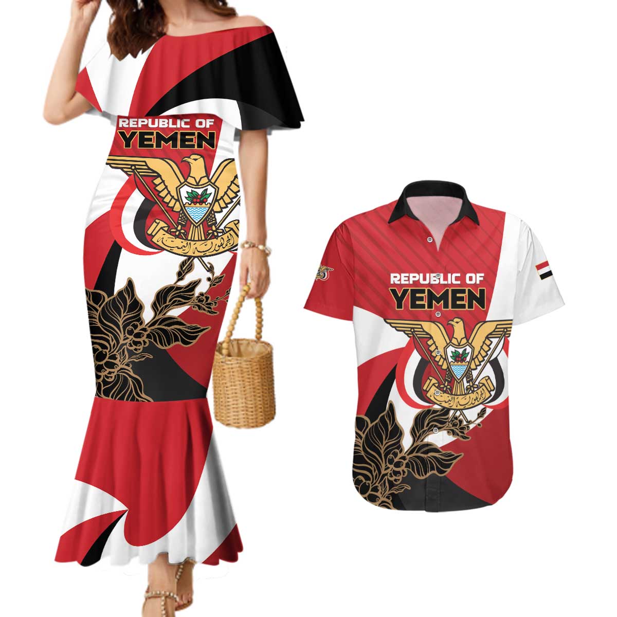 Personalized Republic of Yemen Couples Matching Mermaid Dress and Hawaiian Shirt Yamaniyyatu Coat of Arms - Wonder Print Shop