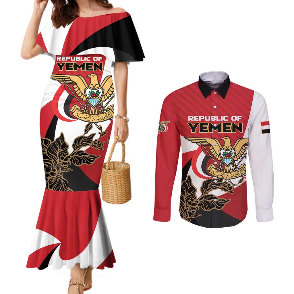 Personalized Republic of Yemen Couples Matching Mermaid Dress and Long Sleeve Button Shirt Yamaniyyatu Coat of Arms