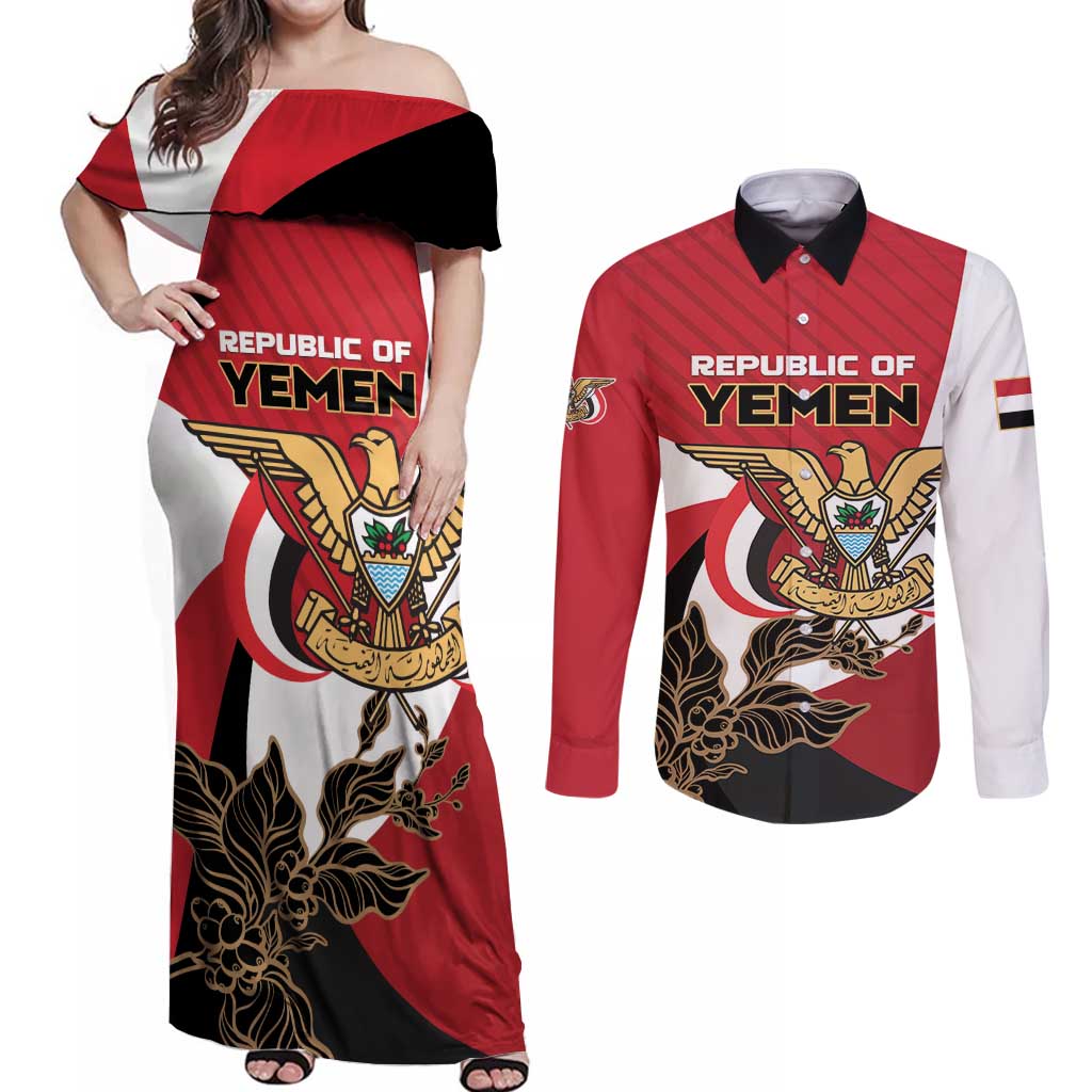 Personalized Republic of Yemen Couples Matching Off Shoulder Maxi Dress and Long Sleeve Button Shirt Yamaniyyatu Coat of Arms - Wonder Print Shop