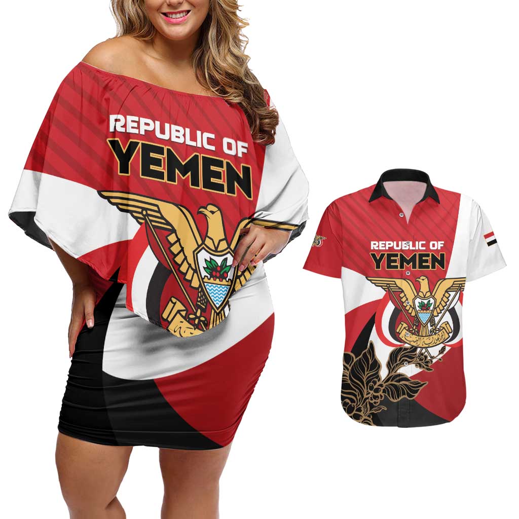 Personalized Republic of Yemen Couples Matching Off Shoulder Short Dress and Hawaiian Shirt Yamaniyyatu Coat of Arms - Wonder Print Shop