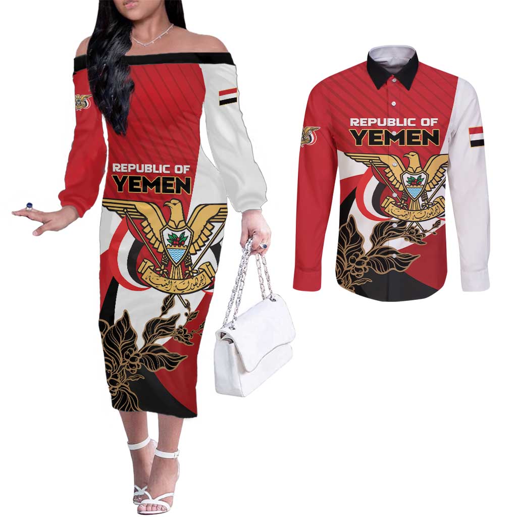 Personalized Republic of Yemen Couples Matching Off The Shoulder Long Sleeve Dress and Long Sleeve Button Shirt Yamaniyyatu Coat of Arms