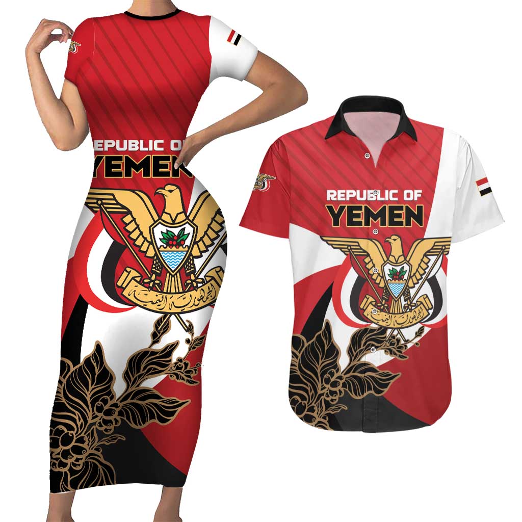 Personalized Republic of Yemen Couples Matching Short Sleeve Bodycon Dress and Hawaiian Shirt Yamaniyyatu Coat of Arms - Wonder Print Shop