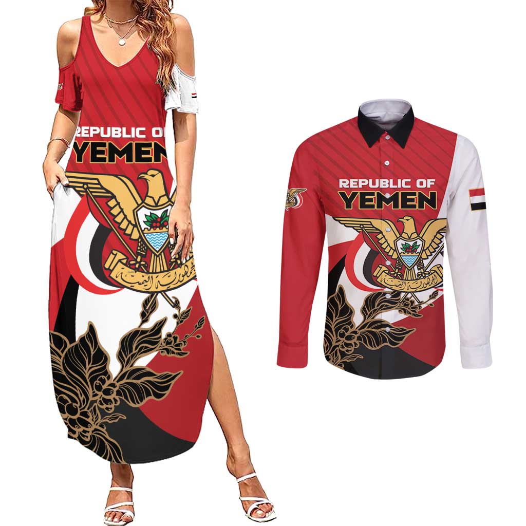 Personalized Republic of Yemen Couples Matching Summer Maxi Dress and Long Sleeve Button Shirt Yamaniyyatu Coat of Arms - Wonder Print Shop