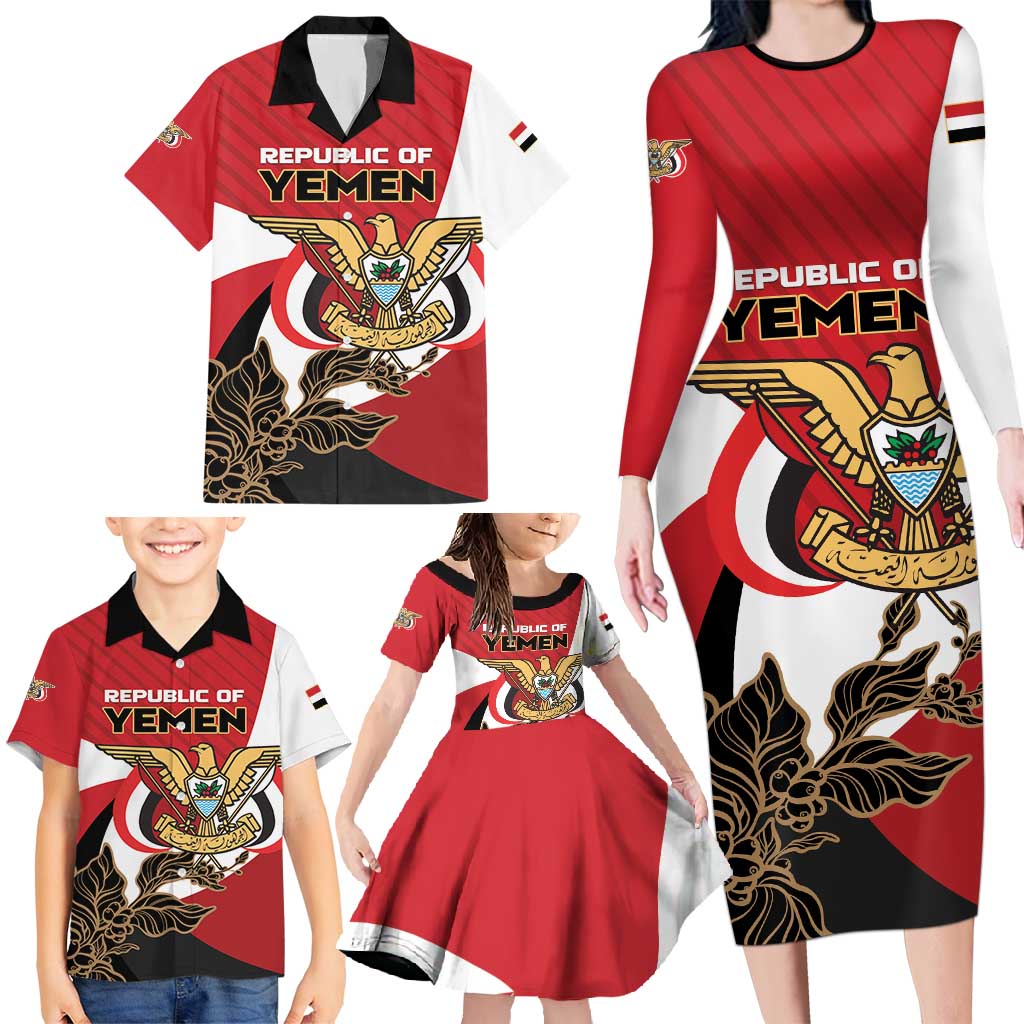 Personalized Republic of Yemen Family Matching Long Sleeve Bodycon Dress and Hawaiian Shirt Yamaniyyatu Coat of Arms - Wonder Print Shop