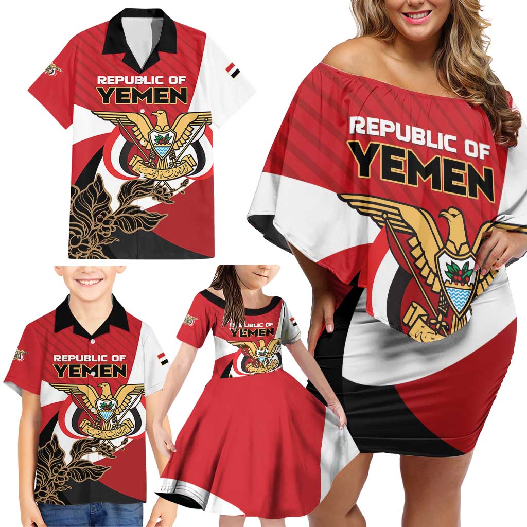 Personalized Republic of Yemen Family Matching Off Shoulder Short Dress and Hawaiian Shirt Yamaniyyatu Coat of Arms - Wonder Print Shop