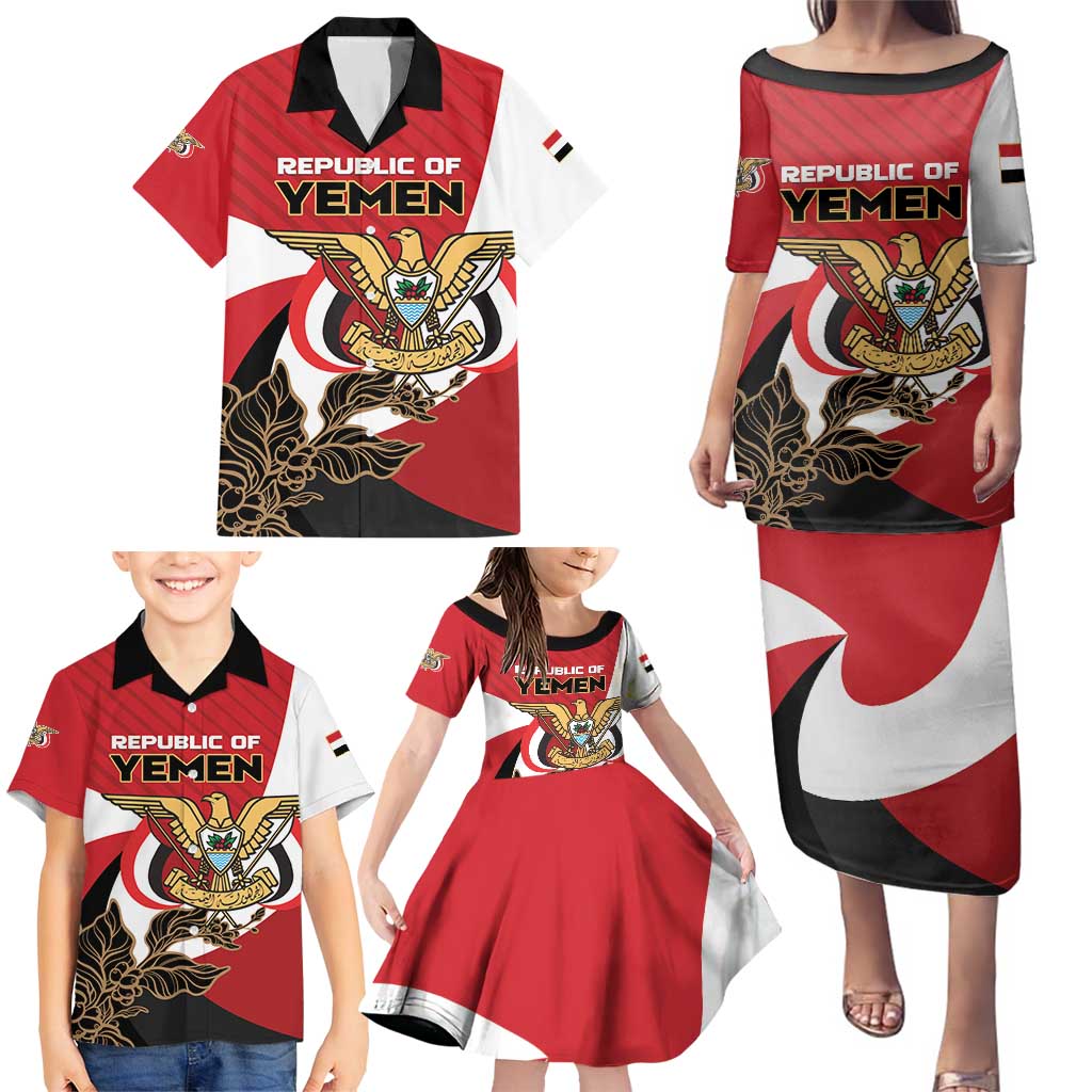 Personalized Republic of Yemen Family Matching Puletasi and Hawaiian Shirt Yamaniyyatu Coat of Arms - Wonder Print Shop