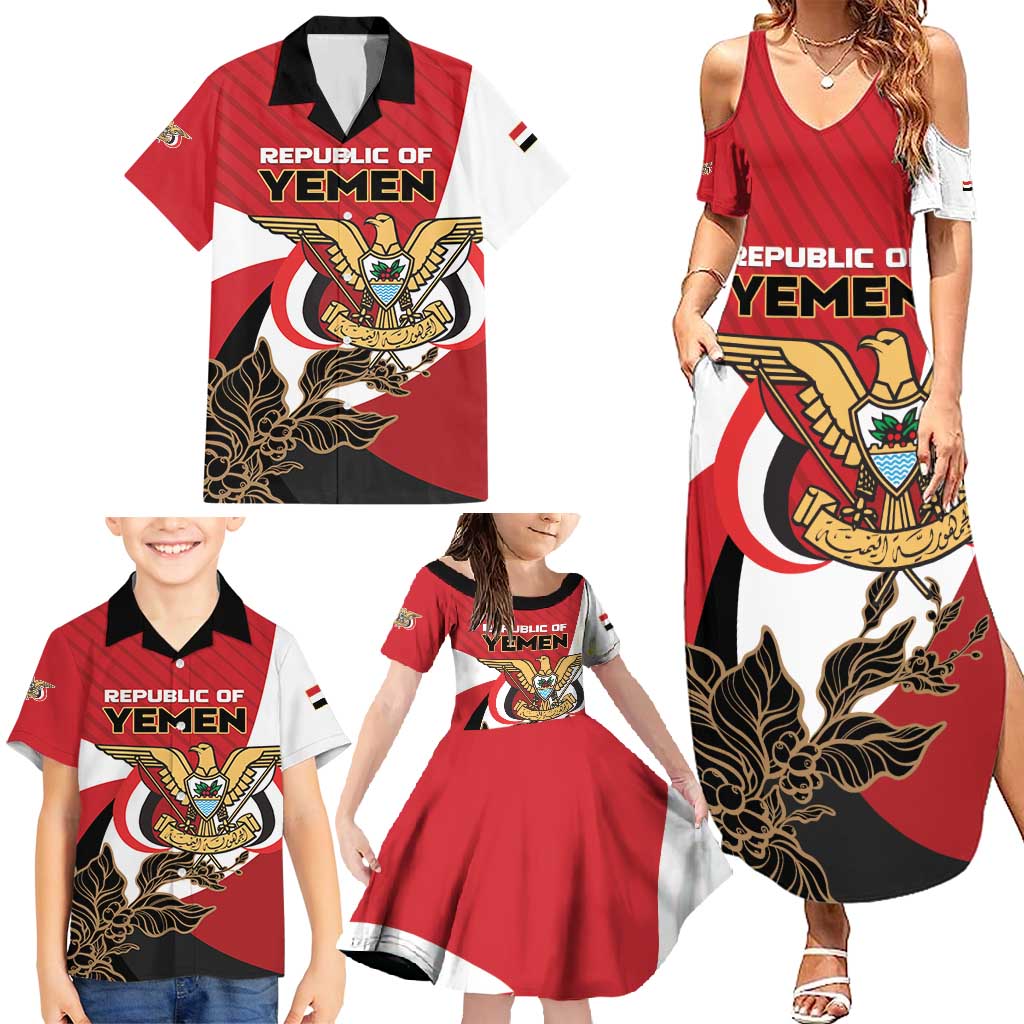 Personalized Republic of Yemen Family Matching Summer Maxi Dress and Hawaiian Shirt Yamaniyyatu Coat of Arms - Wonder Print Shop