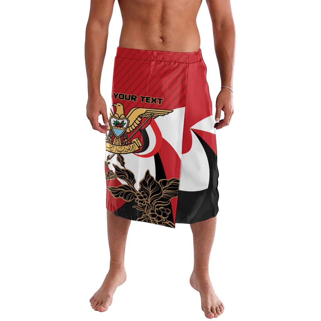 Red elastic-waist shorts with Yemen flag print and crest, front view