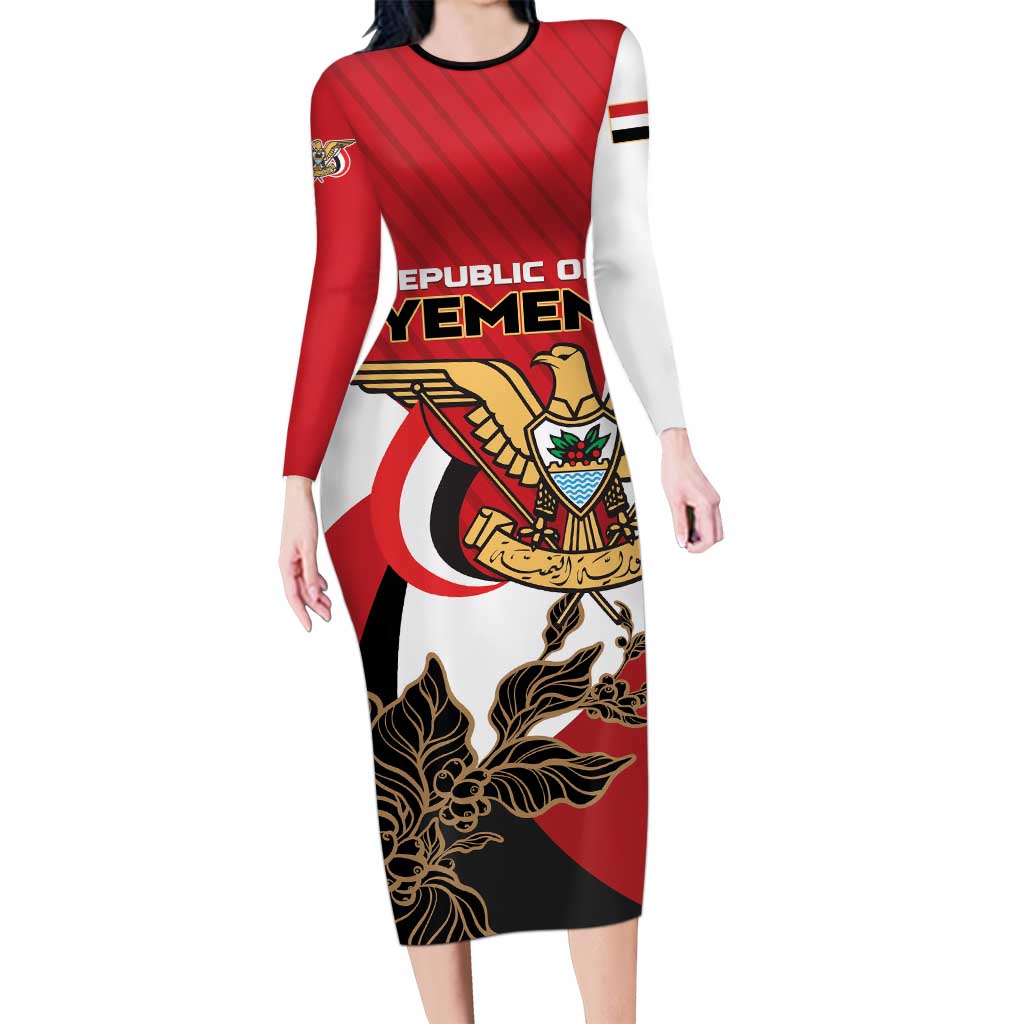 Personalized Republic of Yemen Long Sleeve Bodycon Dress Yamaniyyatu Coat of Arms - Wonder Print Shop