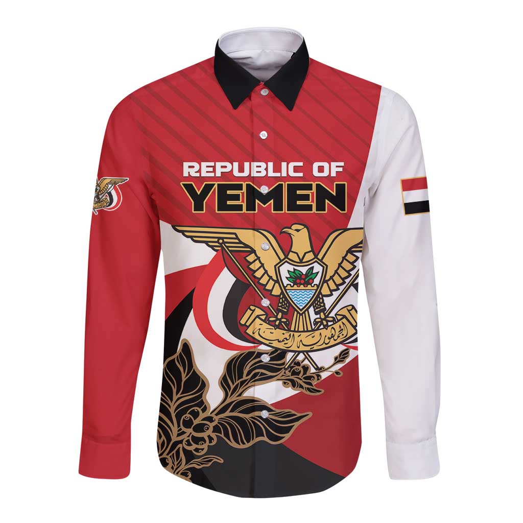 Red long sleeve button shirt with Yemen text and coat of arms graphic