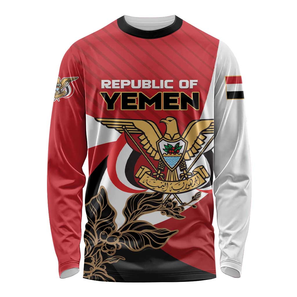 Red long sleeve shirt with Republic of Yemen text and coat of arms graphic