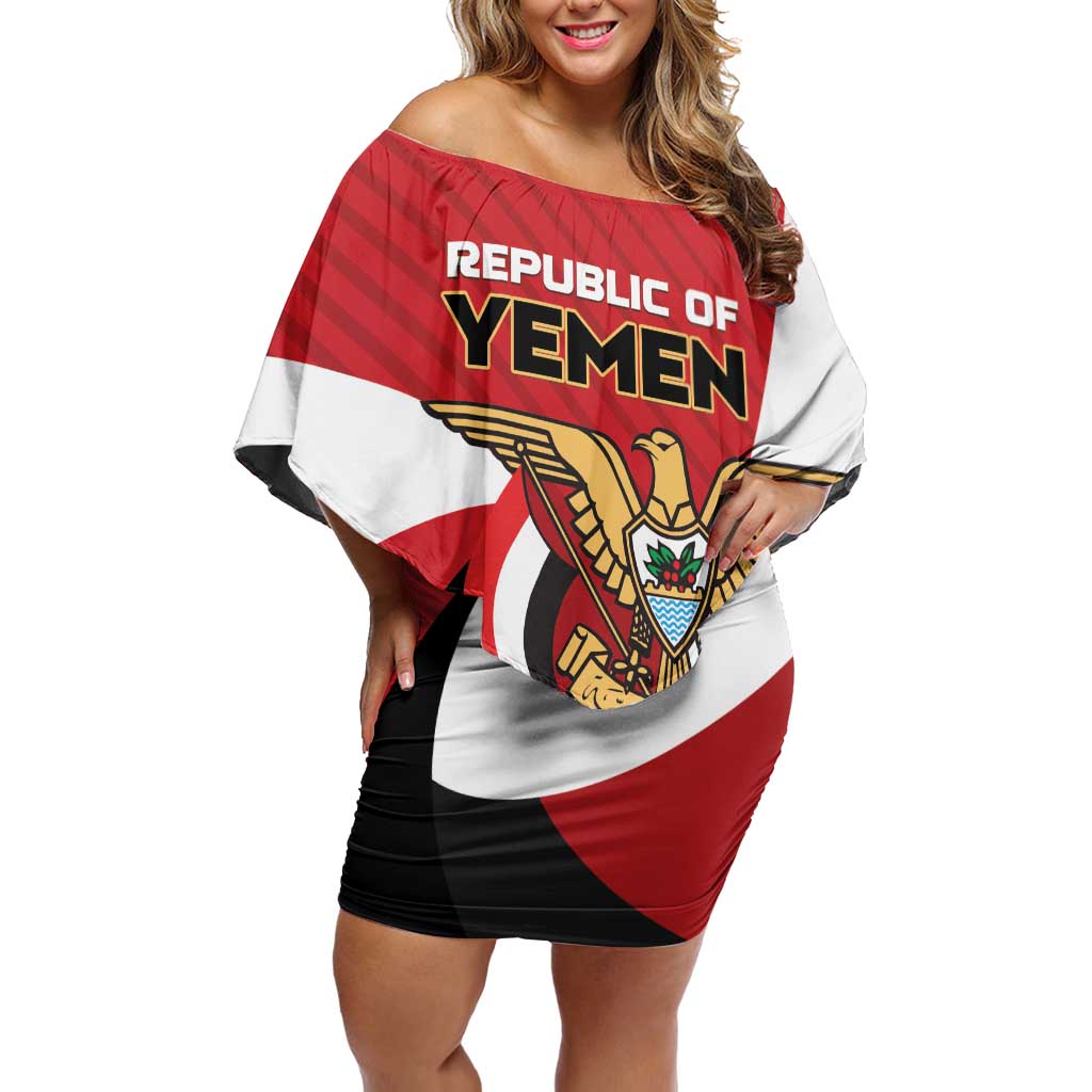 Personalized Republic of Yemen Off Shoulder Short Dress Yamaniyyatu Coat of Arms - Wonder Print Shop