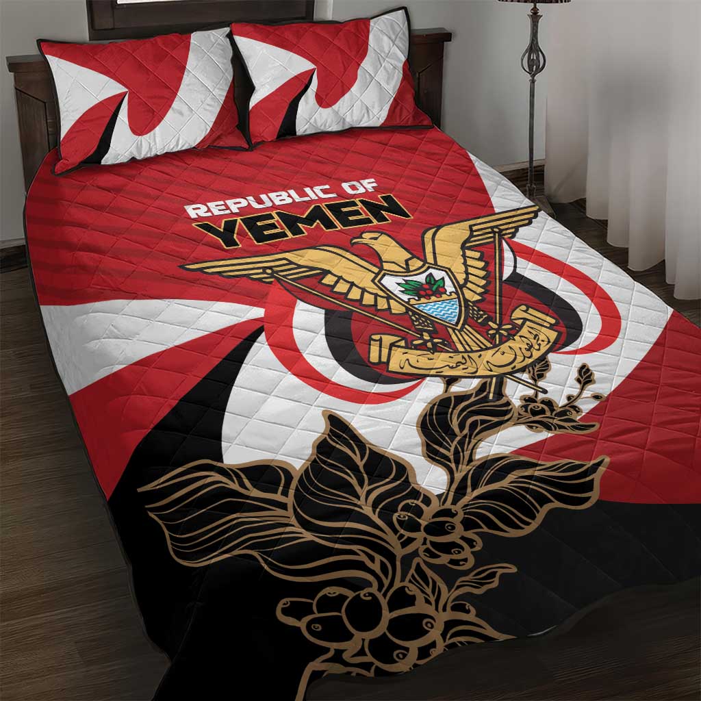 Red, white and black Yemen quilt bed set with emblem on quilt and two matching pillows