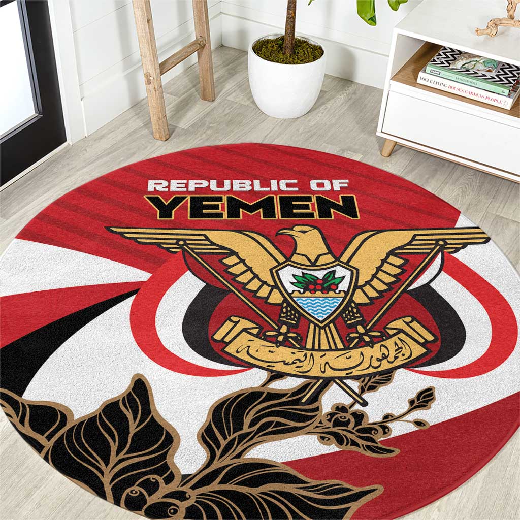 Red round carpet with Yemen coat of arms emblem and eagle, black and gold accents