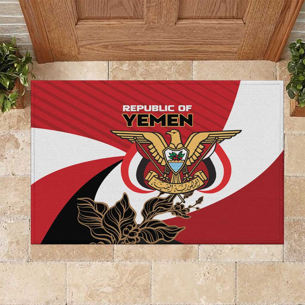 Red and white rubber doormat with Republic of Yemen text and coat of arms, rectangular.