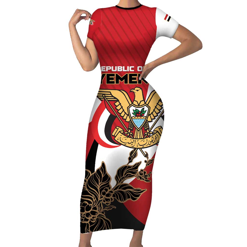 Personalized Republic of Yemen Short Sleeve Bodycon Dress Yamaniyyatu Coat of Arms - Wonder Print Shop