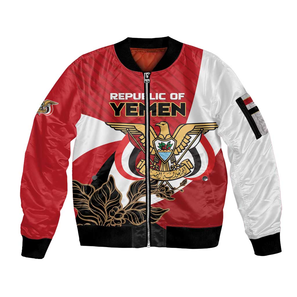 Red and white bomber jacket with front zipper, Yemen crest graphic and ribbed cuffs