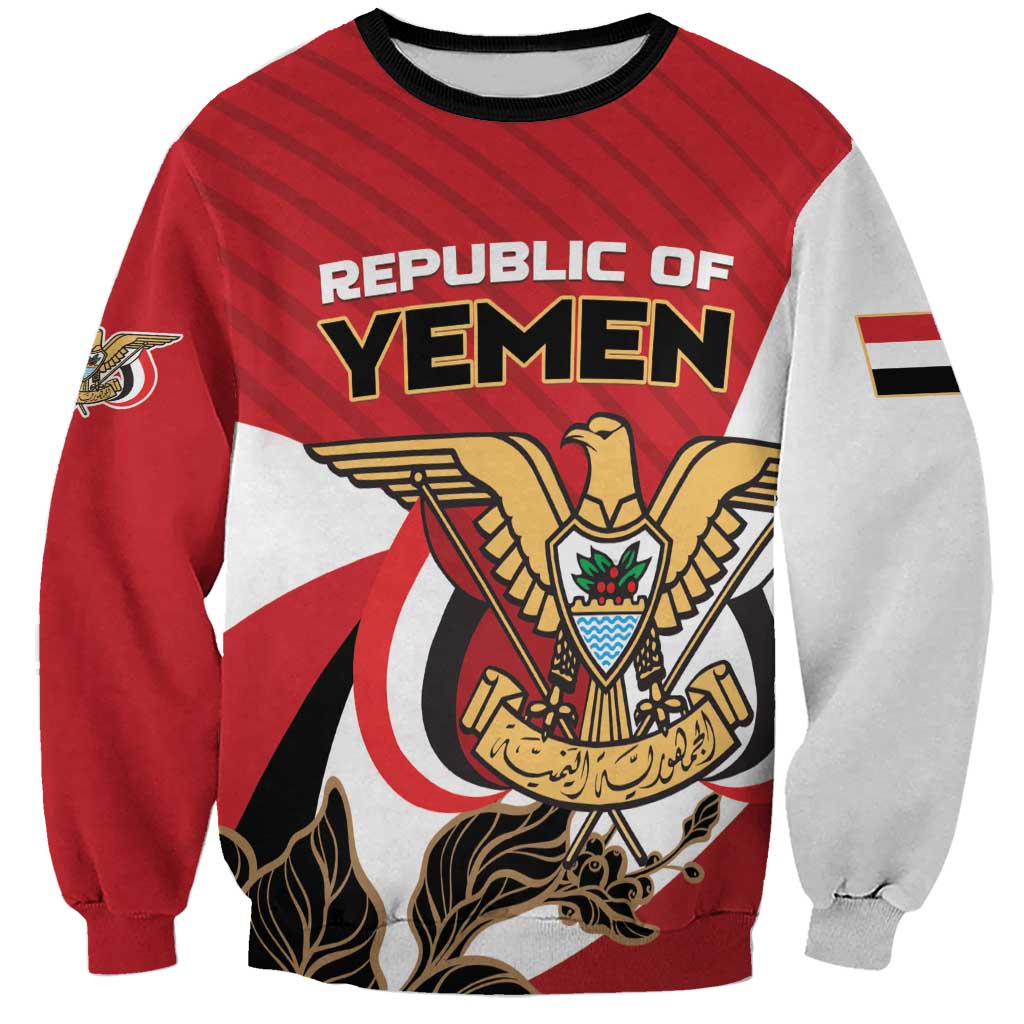 Red unisex sweatshirt with Yemen crest, Republic of Yemen text, ribbed crew neck