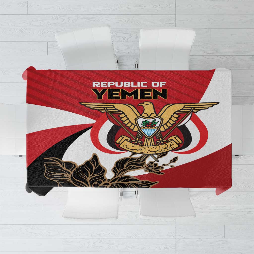 Red Yemen coat of arms tablecloth with bold emblem and black detailing