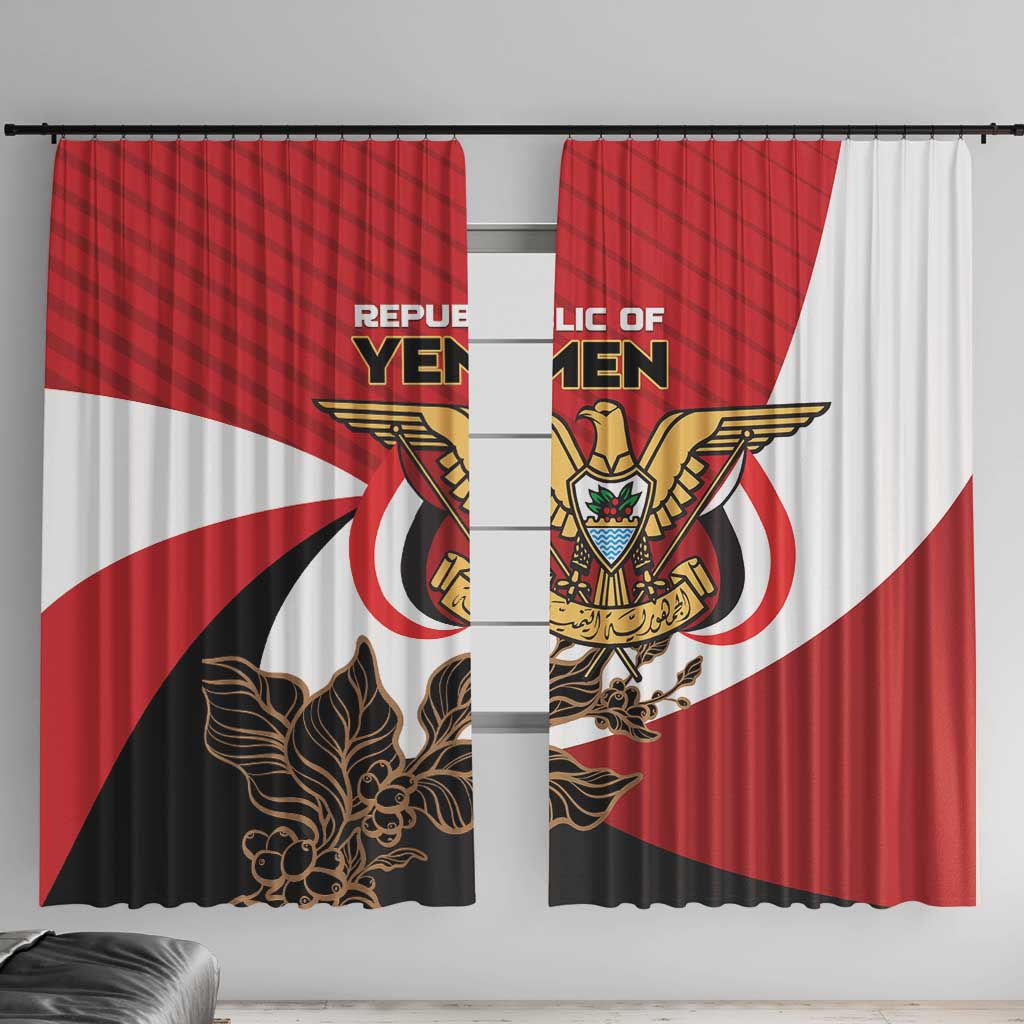Red and white Yemen flag window curtain panels with coat of arms and gold floral design