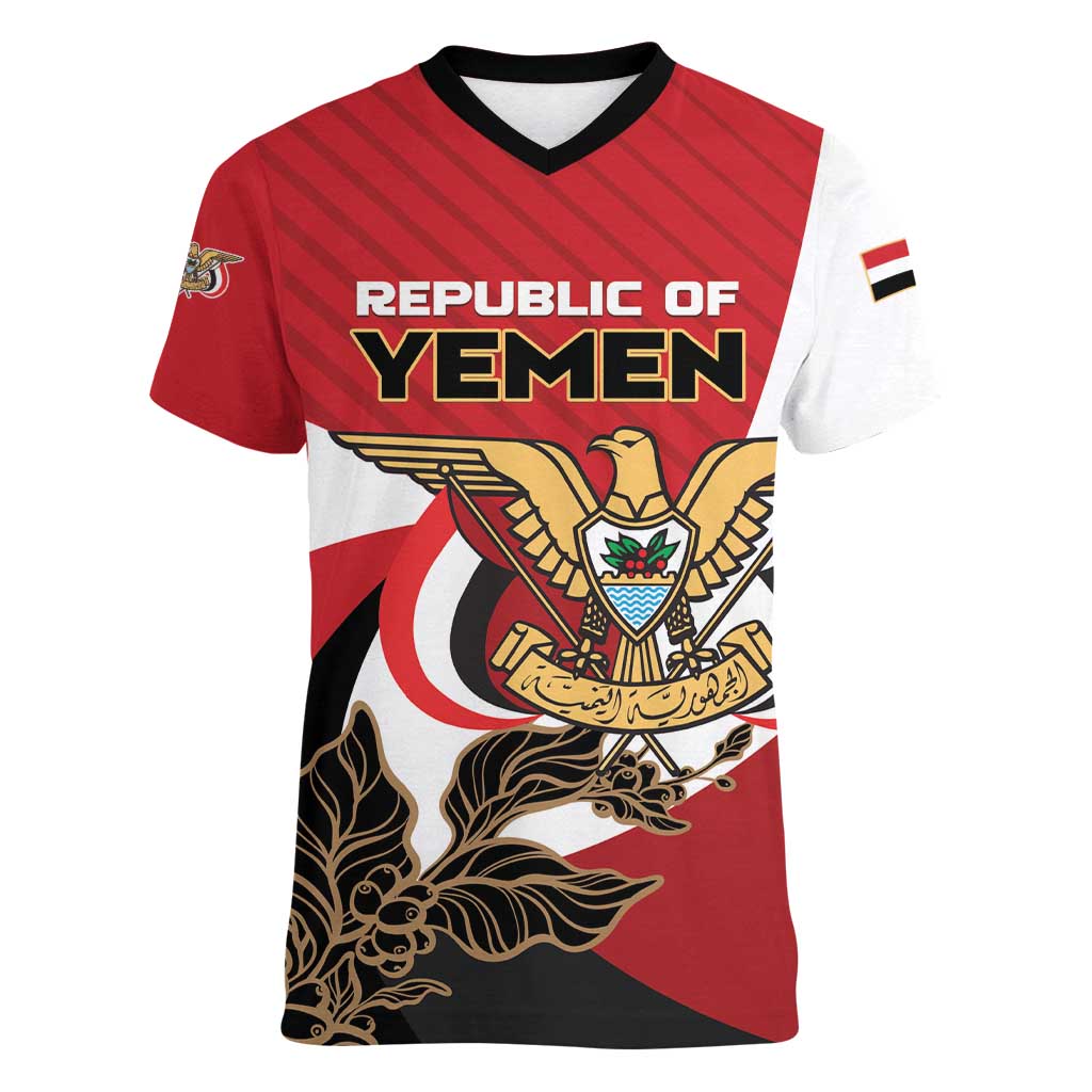 Personalized Republic of Yemen Women V-Neck T-Shirt Yamaniyyatu Coat of Arms - Wonder Print Shop