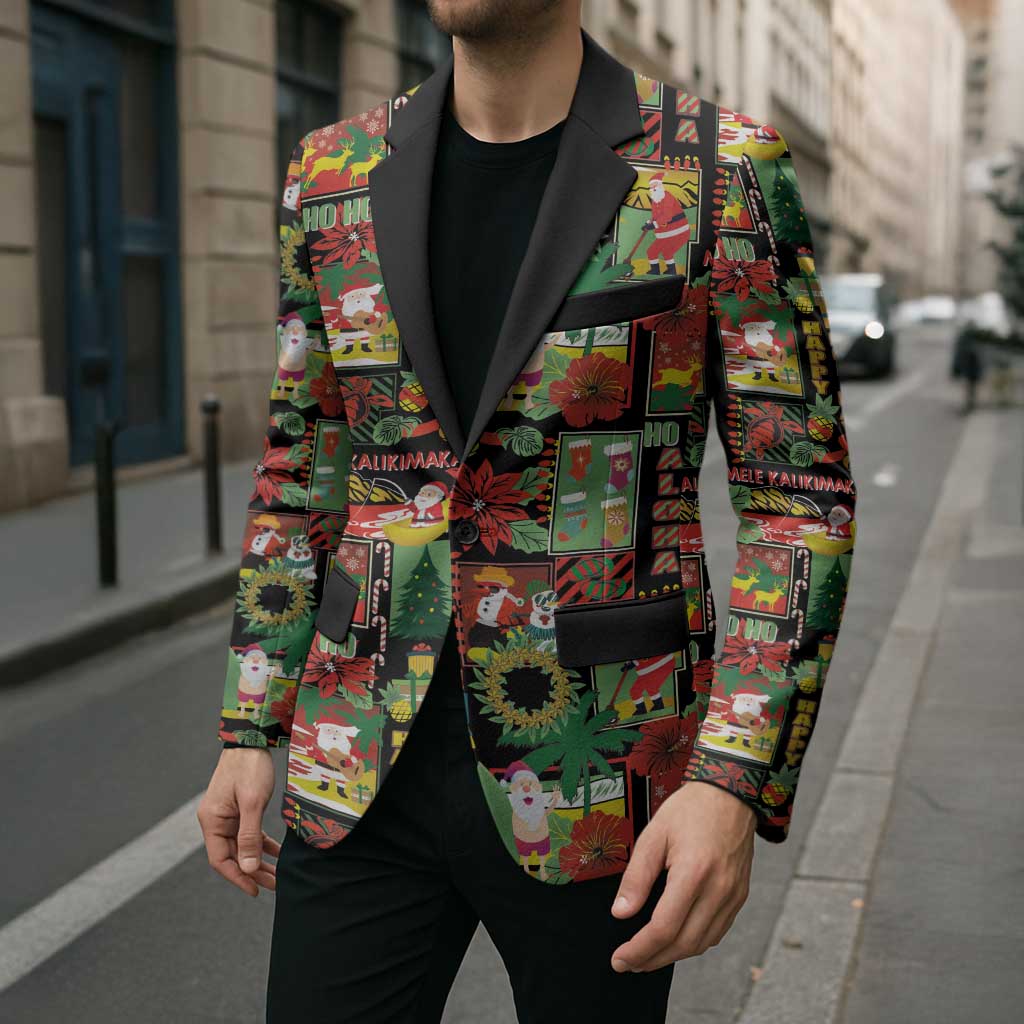 Hawaiian Santa Christmas Pattern Blazer Black Version - Wonder Print Shop
