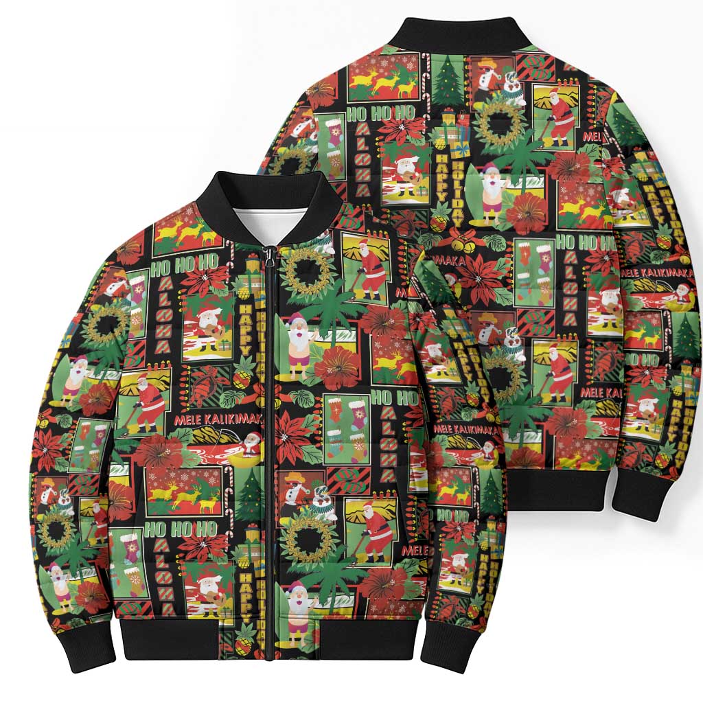 Hawaiian Santa Christmas Pattern Bomber Puffer Jacket Black Version - Wonder Print Shop