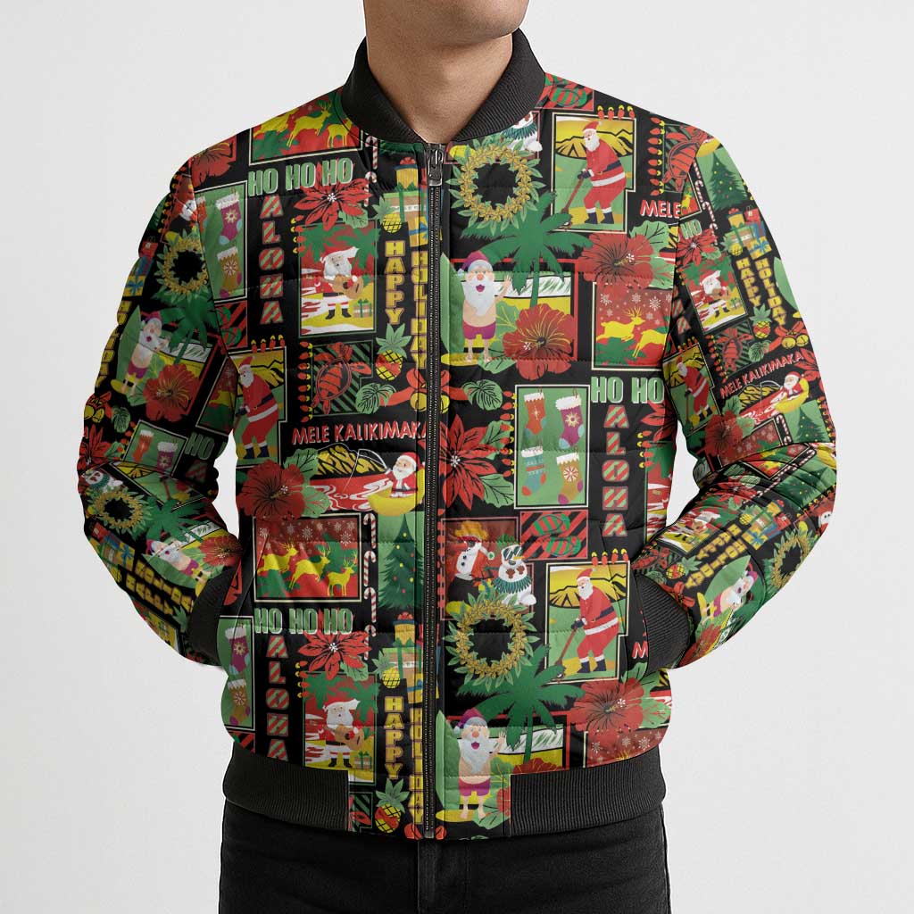 Hawaiian Santa Christmas Pattern Bomber Puffer Jacket Black Version - Wonder Print Shop
