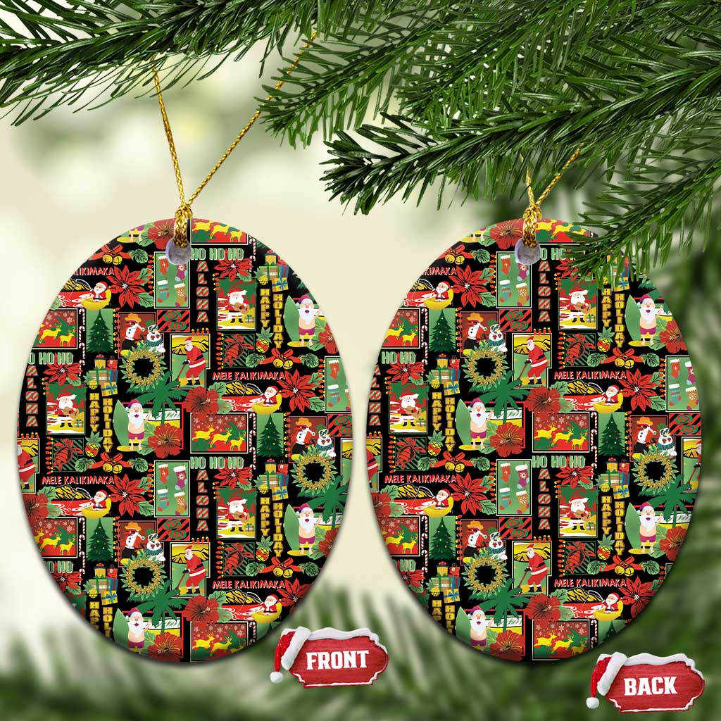 Hawaiian Santa Christmas Pattern Ceramic Ornament Black Version - Wonder Print Shop