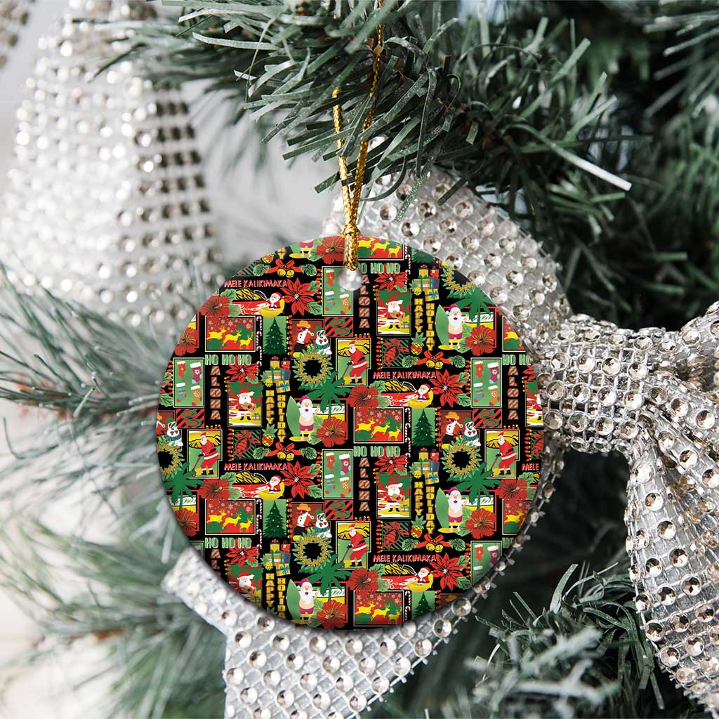Hawaiian Santa Christmas Pattern Ceramic Ornament Black Version - Wonder Print Shop