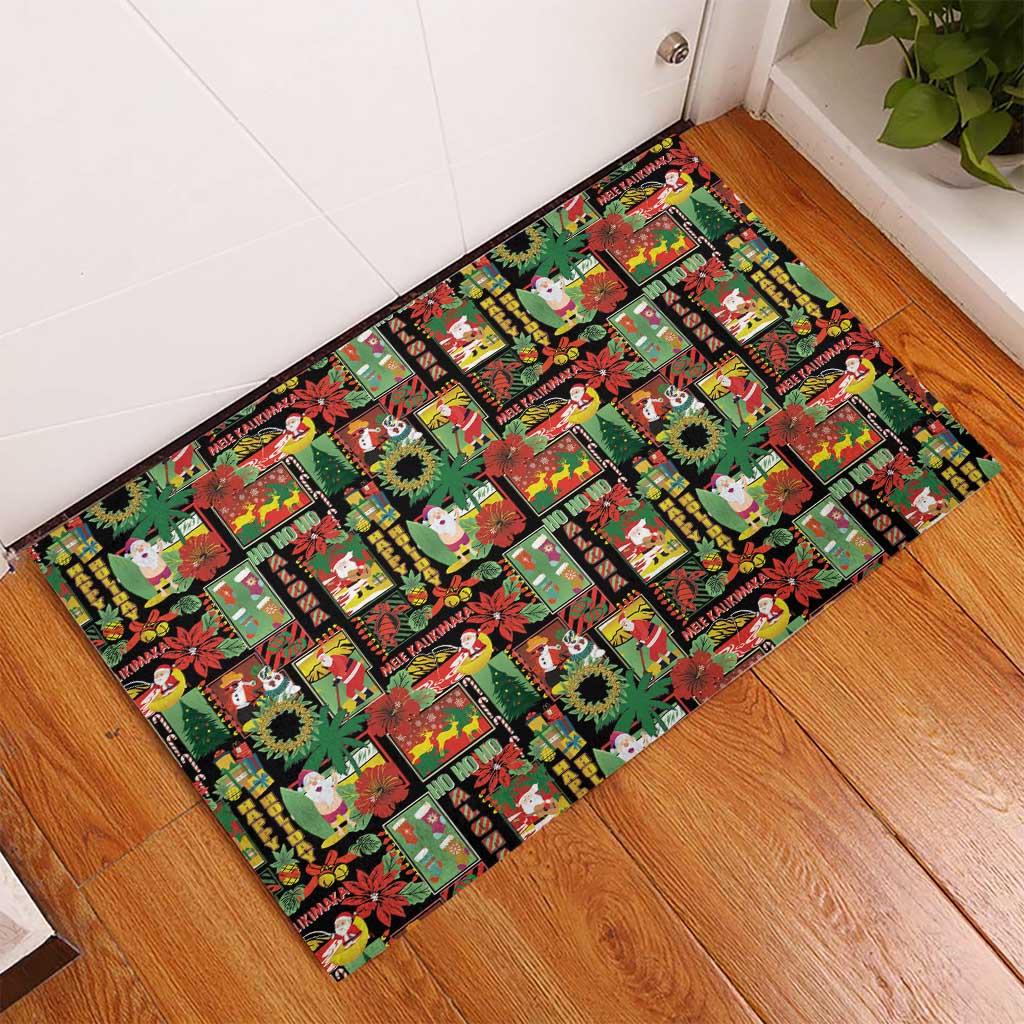 Hawaiian Santa Christmas Pattern Rubber Doormat Black Version - Wonder Print Shop